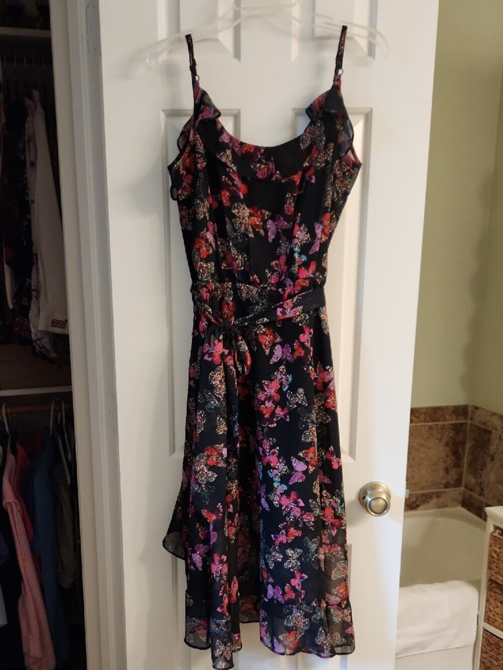 Betsey Johnson Black Midi Dress with Pink & Purple Floral Sz 10